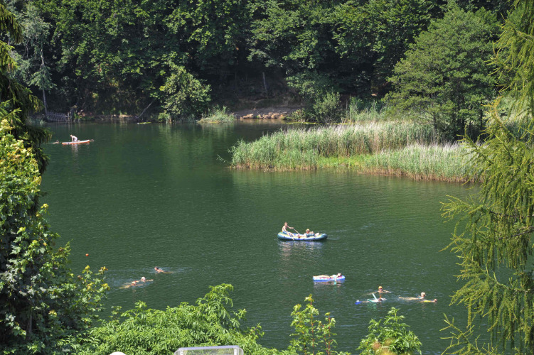 Menschen schwimmen und fahren mit Booten auf einem See, umgeben von Bäumen bei Camping Seeblick Toni, Tirol.