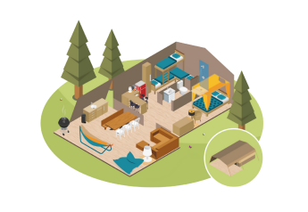 Illustrazione degli interni di una tenda safari Desert Lodge con mobili, alberi e comfort moderni.