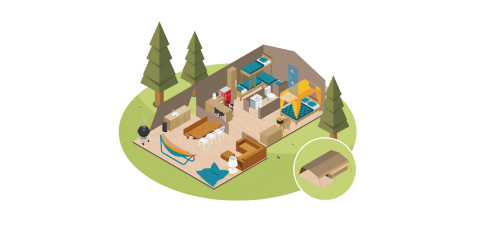 Illustration eines Desert Lodge Safari-Zeltes mit Inneneinrichtung, Möbeln und umgebenden Bäumen.