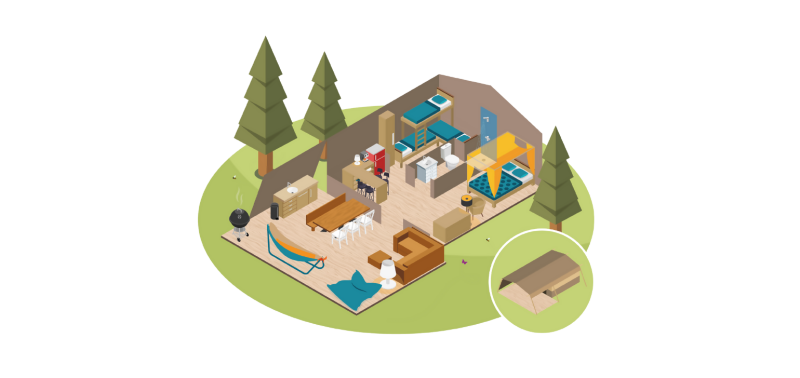 Illustratie van het interieur van een Desert Lodge safaritent met meubels, bomen en comfortabele voorzieningen.