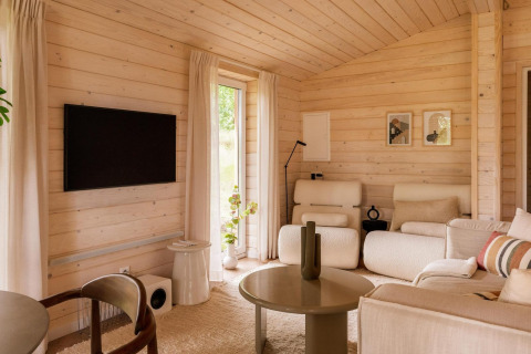 Sala de estar escandinava luminosa en Forresthouse Scandi, Wilsumer Berge, Alemania, con paneles de madera y decoración moderna.