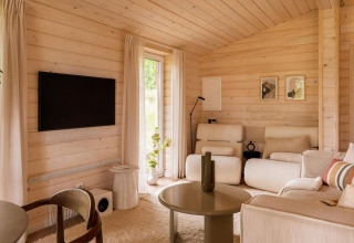 Sala de estar escandinava luminosa en Forresthouse Scandi, Wilsumer Berge, Alemania, con paneles de madera y decoración moderna.