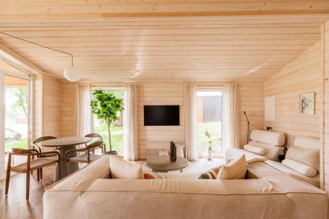 Lichte, moderne woonkamer in Forresthouse Scandi lodge bij Wilsumer Berge, Duitsland, met Scandinavisch interieur.