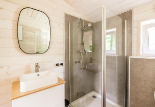 Baño luminoso en Forresthouse Scandi en Wilsumer Berge, Alemania, con ducha, lavabo y espejo modernos.