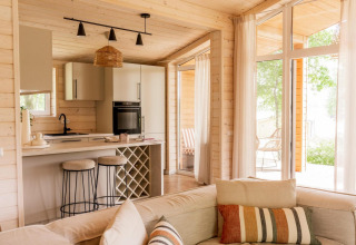 Cocina y sala moderna y luminosa en la cabaña Forresthouse Scandi en Wilsumer Berge, Alemania.