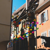 Pájaros decorativos de colores cuelgan sobre una calle estrecha con casas tradicionales en Oberbronn, Grand Est, Francia.