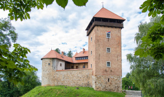 Foto de un castillo histórico con torre de piedra y tejado rojo rodeado de vegetación en Gorica Lipnička, Karlovac.