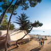 Family camping by the beach with tents, bikes, and ocean view at Huttopia Noirmoutier, France.