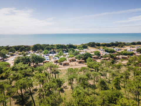 Vista aérea de un camping junto al mar rodeado de árboles cerca de Ars-en-Ré, Nouvelle-Aquitania, Francia.