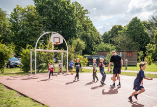 Børn og en voksen spiller basketball sammen på en udendørs bane i grønne omgivelser i Normandiet.