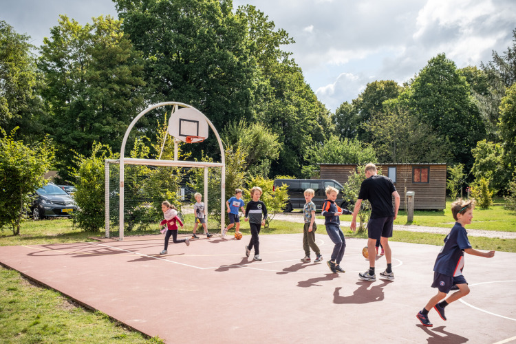 Kinderen en een volwassene spelen samen basketbal op een buitenveld in een groene omgeving in Normandië.