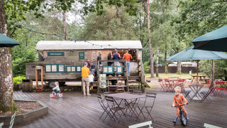 Niños juegan afuera junto al café de Huttopia Lac de Sillé en un parque vacacional rodeado de naturaleza.