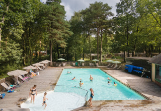 Udendørs swimmingpool omgivet af skov, feriegæster nyder solen på dækstole ved Huttopia Lac de Sillé.