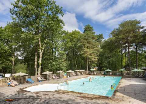 Piscina exterior rodeada de tumbonas y árboles en Huttopia Lac de Sillé, Pays de la Loire, Francia.