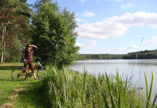 Person mit Fahrrad blickt über einen See im Grünen bei Sillé-le-Guillaume, Pays de la Loire, Frankreich.