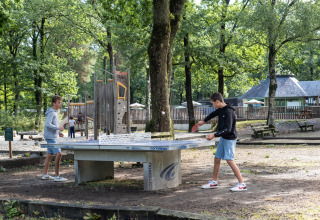 To drenge spiller bordtennis udendørs i en feriepark med træer, legeplads og bygninger i baggrunden.