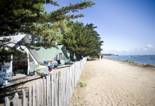 Tiendas tipo safari bajo árboles junto a la costa en Huttopia Noirmoutier, Francia, con vista al mar y barcos.