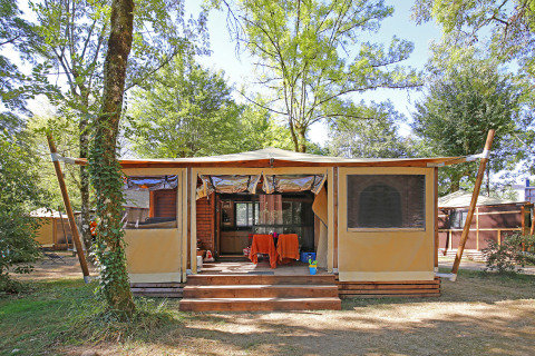 Tienda safari Arizona con porche de madera, rodeada de árboles, ideal para unas vacaciones en la naturaleza.