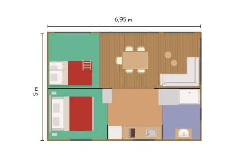 Plattegrond van de safaritent Arizona bij Huttopia Ars-en-Ré, Frankrijk, met kamers en afmetingen.