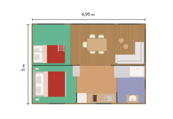Plano del safari tent Arizona en Huttopia Ars-en-Ré, Francia, que muestra la distribución y dimensiones.