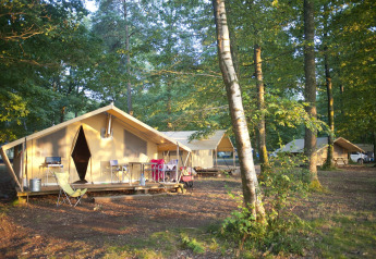 Tenda safari Bungalow Trappeur poêle a Huttopia Lac de Sillé, Francia, immersa tra gli alberi.