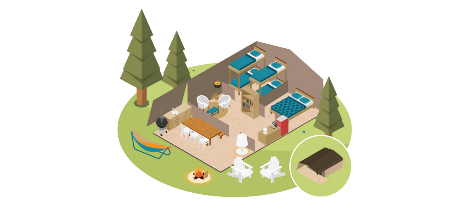 Illustratie van een Base Lodge safaritent met bedden, eethoek, lounge, kampvuur en buitenruimte.