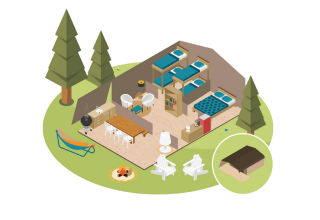 Ilustración de una tienda safari Base Lodge con camas, comedor, sala, fogata y entorno exterior.