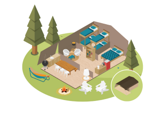 Illustratie van Base Lodge safaritent met slaapplaatsen, eetruimte, loungehoek en kampvuur buiten.