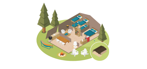 Ilustración de una tienda safari Base Lodge con camas, comedor, sala, fogata y entorno exterior.