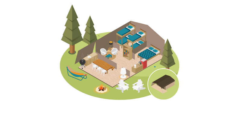 Abbildung eines Safari-Zelts namens Base Lodge mit Betten, Essbereich, Lounge und Lagerfeuerplatz.