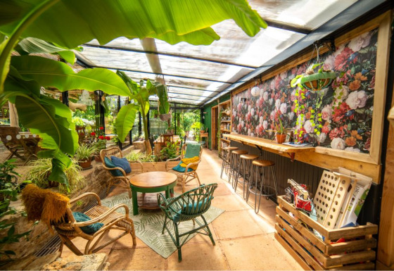 Lichte, kleurrijke serre met veel planten, rotan stoelen en bloemenmuur bij Camping Les 3 Cantons, Occitanië.