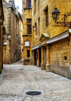 Calle adoquinada con antiguos edificios de piedra amarilla cerca de Saint-Antonin-Noble-Val, Occitania, Francia.
