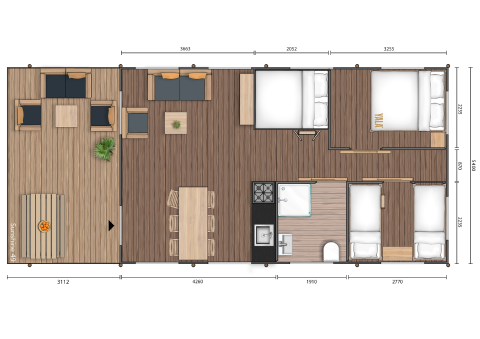 Plantegning af et safaritelts interiør på Campo dei Fiori Glamping4all i Italien, med opdelte værelser og møbler.
