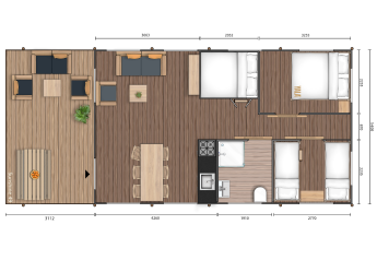 Plantegning af et safaritelts interiør på Campo dei Fiori Glamping4all i Italien, med opdelte værelser og møbler.