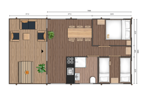 Plano de una tienda safari en Campo dei Fiori (Glamping4all), Italia, con dos dormitorios y terraza amplia.