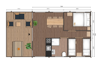 Planimetria di una tenda safari a Campo dei Fiori (Glamping4all) in Italia con due camere e terrazza ampia.