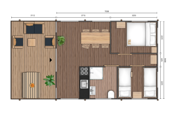 Planimetria di una tenda safari a Campo dei Fiori (Glamping4all) in Italia con due camere e terrazza ampia.