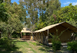 Tienda safari en Campo dei Fiori (Glamping4all) en Italia, rodeada de naturaleza y árboles verdes en verano.