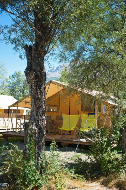 Tienda glamping con sillas amarillas sobre cubierta de madera rodeada de árboles en Huttopia Vallouise, Provenza-Alpes-Costa Azul.