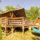 Safari Lodge-telt og Teeny Lodge på hævet trædæk med hængekøje omgivet af grønne træer i solskin.