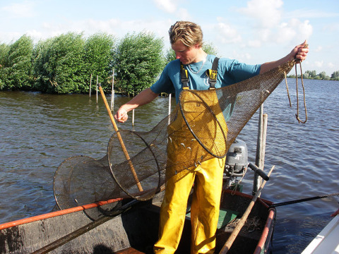 Un pescatore con pantaloni gialli maneggia una rete su una barca al Camping Vrijhaven Heeg, Friesland, Paesi Bassi.