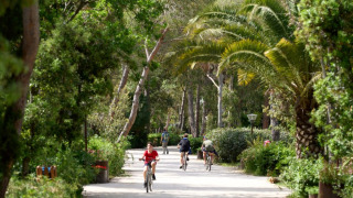 Ciclistas recorren un sendero rodeado de árboles en el parque vacacional Campo dei Fiori, Toscana, Italia.