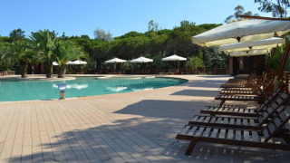 Piscina y tumbonas con sombrillas en Campo dei Fiori Glamping4all, parque vacacional en Toscana, Italia.