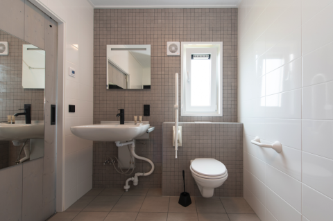 Handicapvenligt badeværelse med væghængt toilet, vask, greb og spejl på Access Lodge ved Kompas Camping.