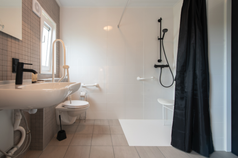Handicapvenligt badeværelse med støttehåndtag, bruser med sæde og plads til kørestol på Access Lodge.