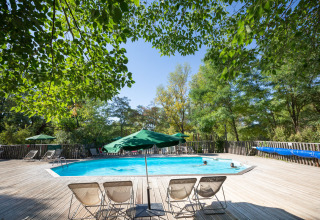 Udendørs swimmingpool omgivet af træer og liggestole på et ferieanlæg i Auvergne-Rhône-Alpes, Frankrig.