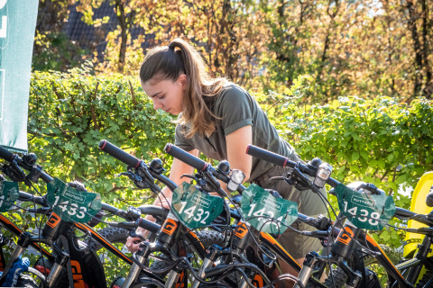 Woman in green shirt checking numbered bicycles at a sunny holiday park with greenery behind her.