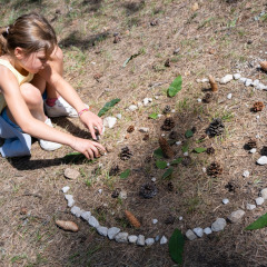 Niña crea arte con piñas, piedras y hojas en el suelo del parque Huttopia Divonne Les Bains en Francia.