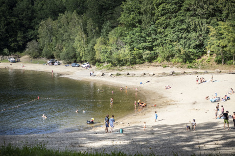 Personas disfrutan de un día soleado en la playa de un lago cerca de Lanobre, rodeada de bosques verdes.