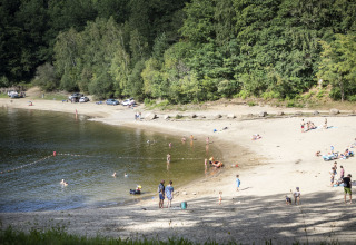 Familier og børn nyder en solrig dag ved søbredden nær Lanobre, omgivet af frodige grønne træer.